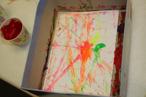 Easy and super fun project for ages 1-100! Just need a shoe box, paper to fit (we folded ours to make it a card), marbles, paint, and Dixie cups.